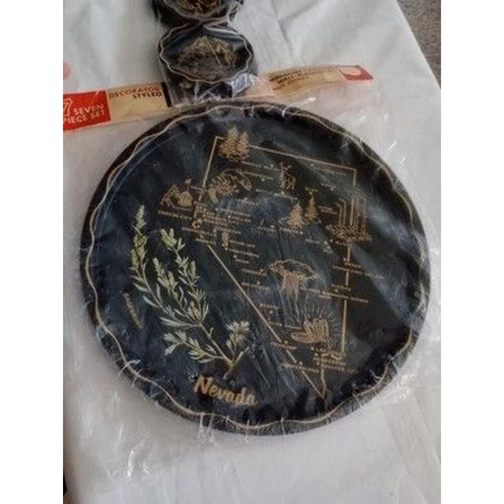 Nevada State Decorated Souvenir Tray w/6 Coasters Las Vegas Goodsprings NOS New